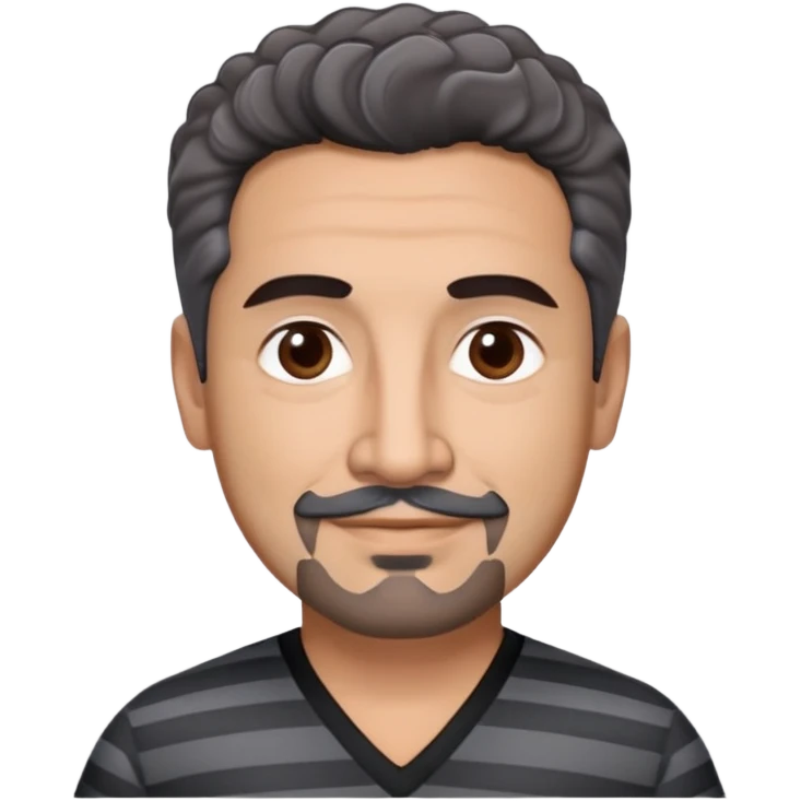 Latino theatre director in his late 40s with cinnamon skin. Square structured face. Approachable expression with gentle smile. Calm dark eyes. Thick eyebrows. Well-groomed black goatee with a few gray hairs. Short curly dark hair. Wearing a black V-neck shirt with gray stripes. emoji