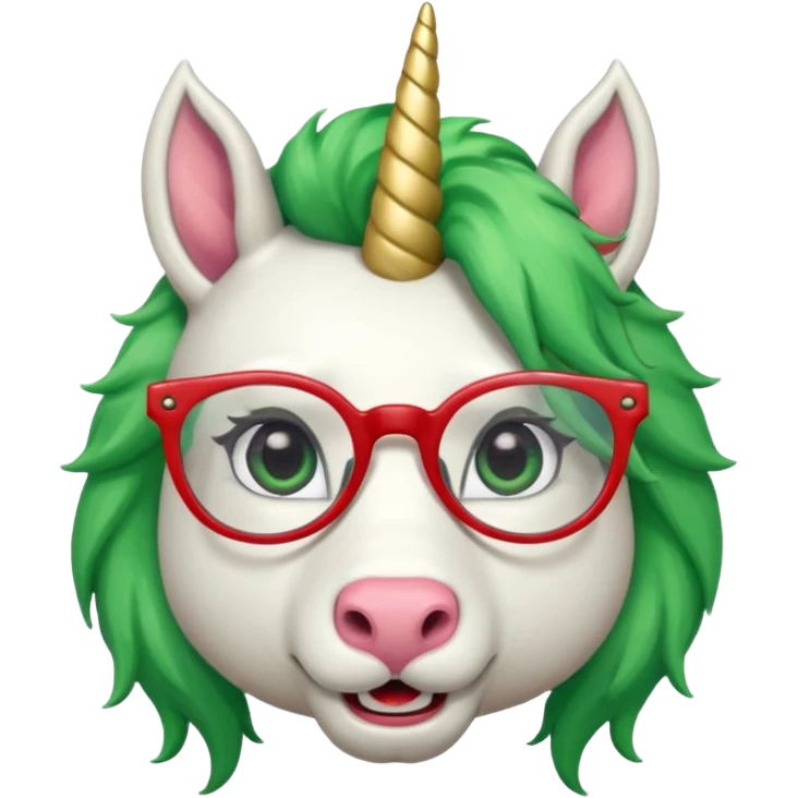 white furred unicorn with green hair and big red earrings looking into camera and spectacle and biiiggg earrings emoji
