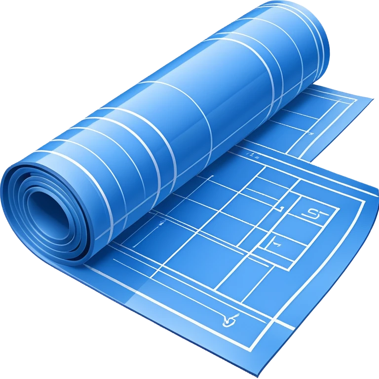 blue rolled-up blueprint plan with visible white lines, side perspective emoji