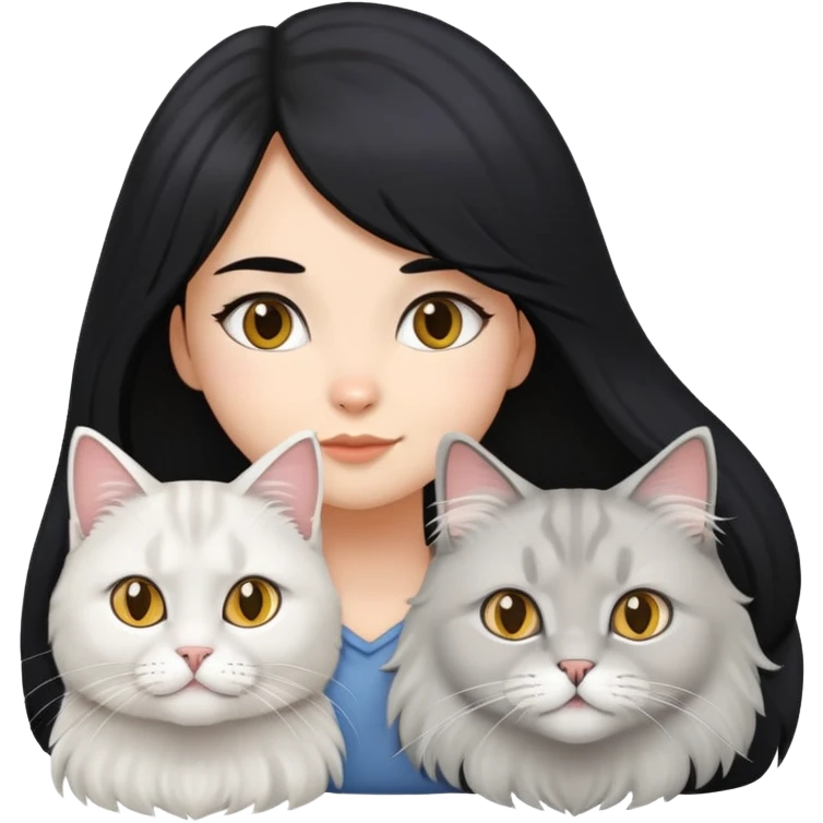 black hair girl with a grey longhair cat and a british white longhair and a british longhair golden cat emoji