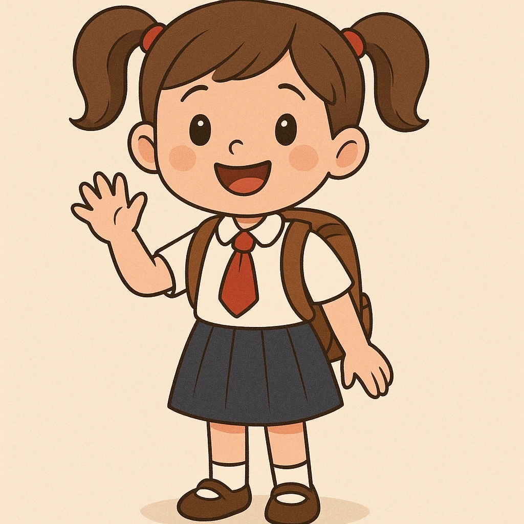 adorable schoolgirl with pigtails, wearing a uniform, waving emoji