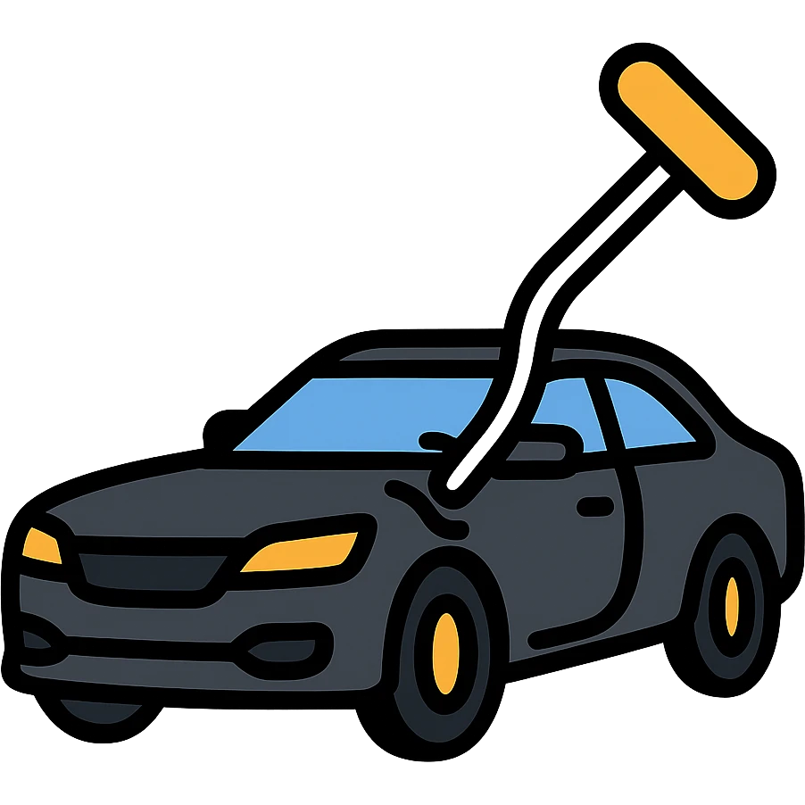 icon of a high-end black car with a subtle rod or hook tool touching a dent, matte black as main color, fine silver lines for contrast, simple style, focus on dent repair emoji
