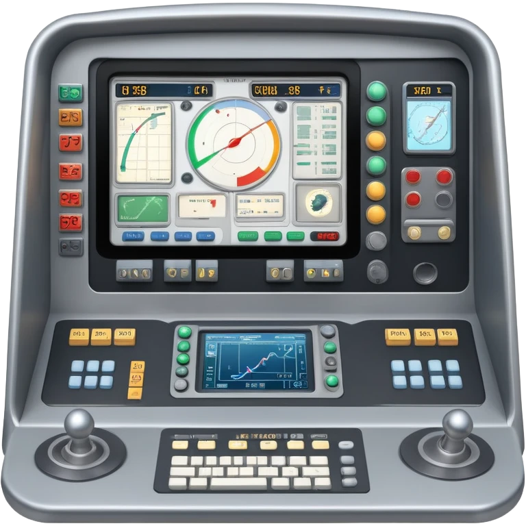 mission control console with buttons and screens showing rocket trajectory emoji