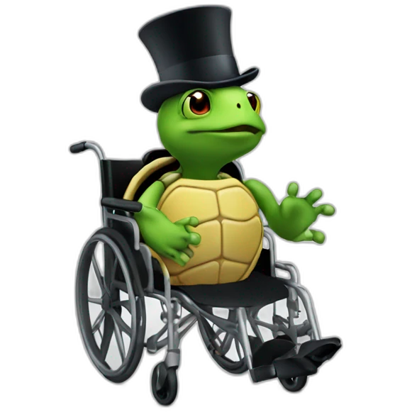 A turtle in a wheelchair wearing a top hat, no suit emoji