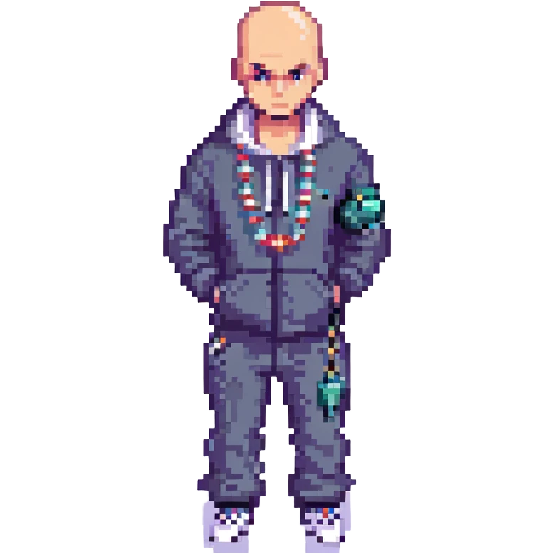 Pixel art thug in tracksuit, holding chain in Hand, bald head, angry expression, side view, retro arcade sprite
 emoji