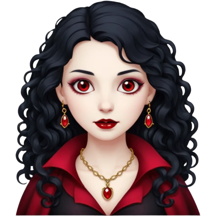 Vampire lady Pale queen with ruby necklace, curly black long hair emoji