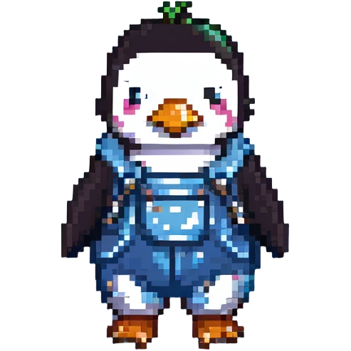 pixel art penguin with denim overalls, retro game style emoji