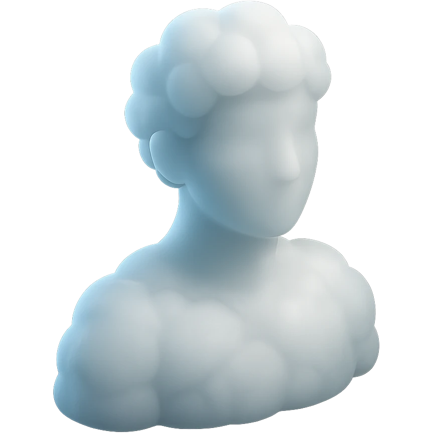 person looking straight, fully made of white fluffy convex clouds, shoulder up, matte glass style emoji