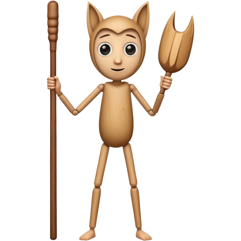 a tall, cylindrical, wooden-like figure with a human-like face, large eyes, and a slight smile. It has small, thin arms and human legs. It appears to be holding a long, wooden stick or bat.
 emoji