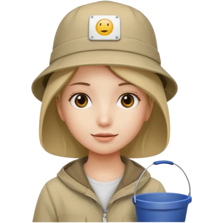 A girl with a khaki bucket hat on her head and a small detail in the form of a white rectangle with the inscription: "вйо до пригод" emoji