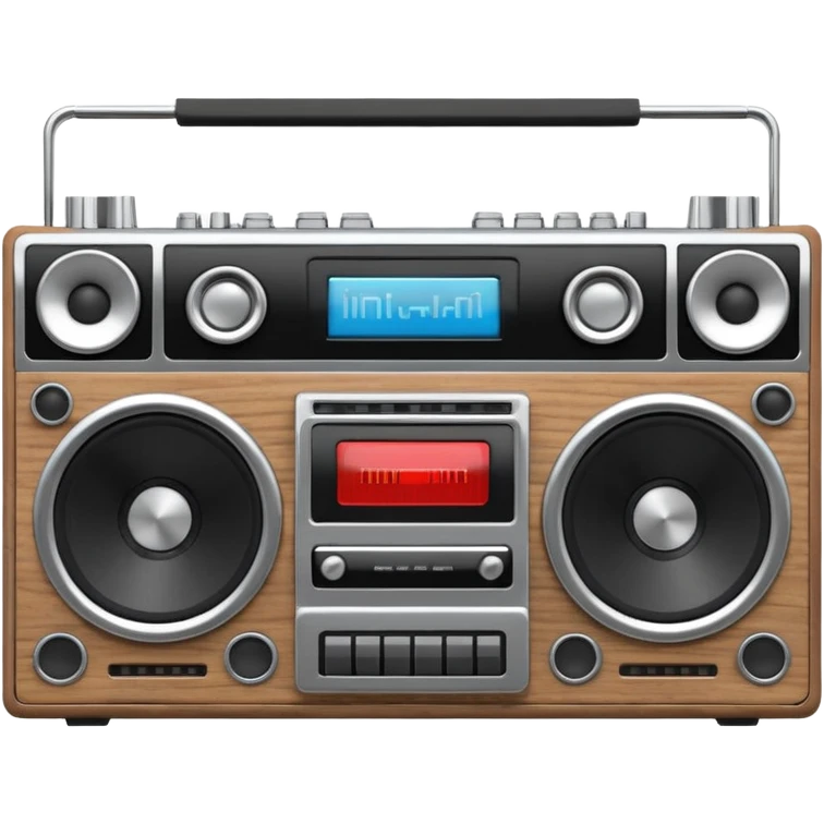 3D render of Boombox, vintage 1980s audio equipment aesthetic, tactile analog buttons, silver chrome body with black speakers, mixed wood grain and brushed aluminum textures, Apple emoji style, isolated on white background --v 6.0 emoji