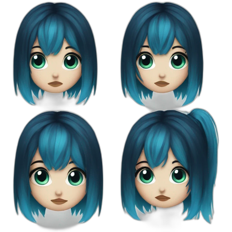 Side profile sad emo girl, black makeup, long choppy blue hair side bangs emoji