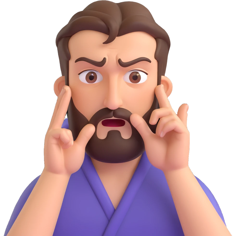agitated bearded man massaging his temples with index fingers, expressive face, visible stress, clear gesture emoji