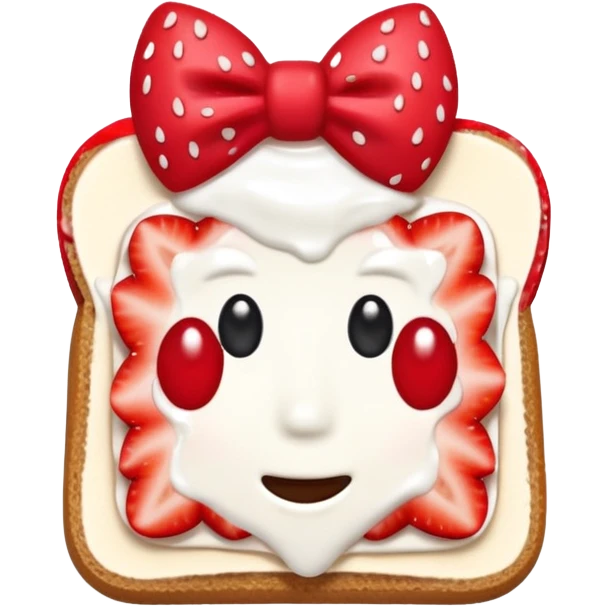 square toast topped with fluffy white cream, decorated with a strawberry bow made from two strawberry center, bright red and glossy emoji