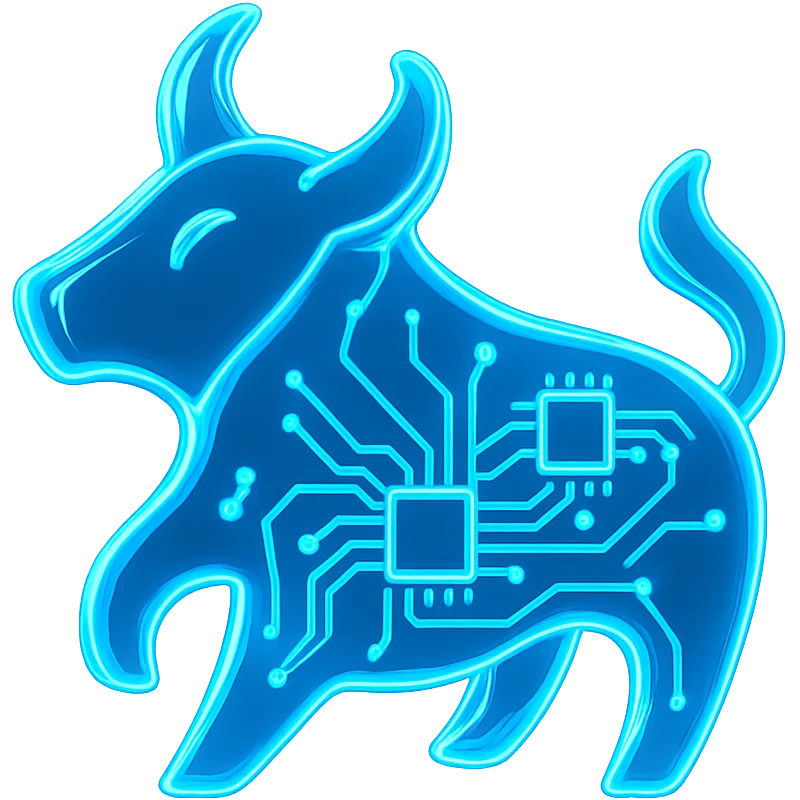 Make the bull logo much more abstract with emphasis on digital circuit elements, glowing blue, in glossy circuit style. emoji