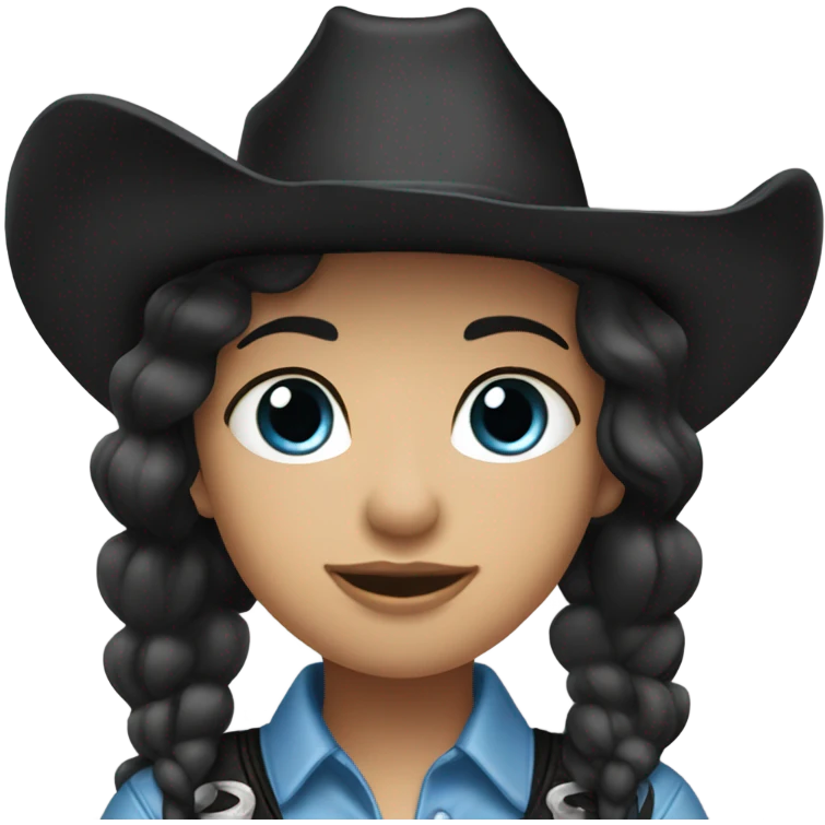 Blue eyes cowgirl, pale skin, black hair, black cowgirl hat emoji