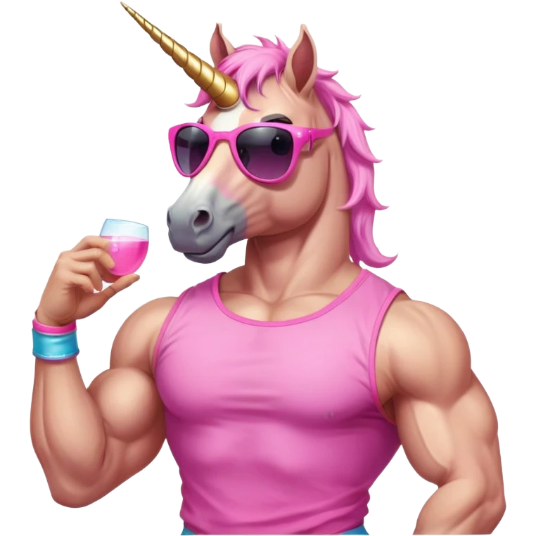 friendly anthropomorphised masculine unicorn with horse-like face, muscular bodybuilder build, in tutu and pink t-shirt, wearing dark sunglasses, relaxed pose, close-crop head and shoulders portrait emoji