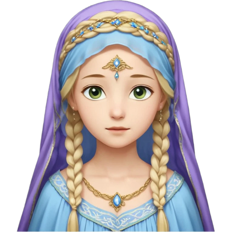 Joven de unos 30 años, de aspecto dulce y elegante.
Piel clara, ojos (pueden ser azules o verdes)
Rubio o castaño claro, largo, con trenzas o velo.
Vestido largo de tonos suaves (blanco, azul o lavanda), con bordados dorados; un manto o toca fina cubriendo la cabeza. Haz todo el cuerpo. emoji