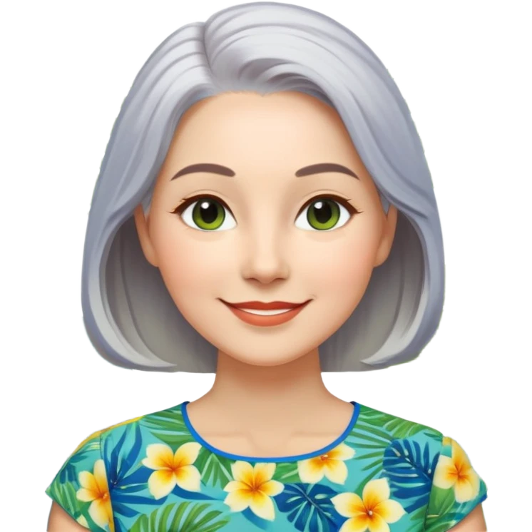A woman with light complexion, oval face with soft rounded features, full cheeks, gentle almond-shaped eyes with subtle smile lines, longer silver-gray hair parted to the side, wearing a vibrant short-sleeved blouse with tropical print in blue, green, and yellow, exuding warmth and joy. emoji