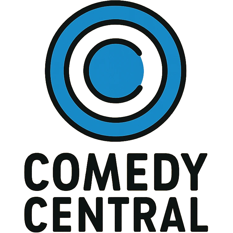 modern icon style Comedy Central logo animation over a yellow background, black current Comedy Central logo dropping down to the middle, Comedymark spinning slightly, company name rolling in next to it until both reach the center emoji