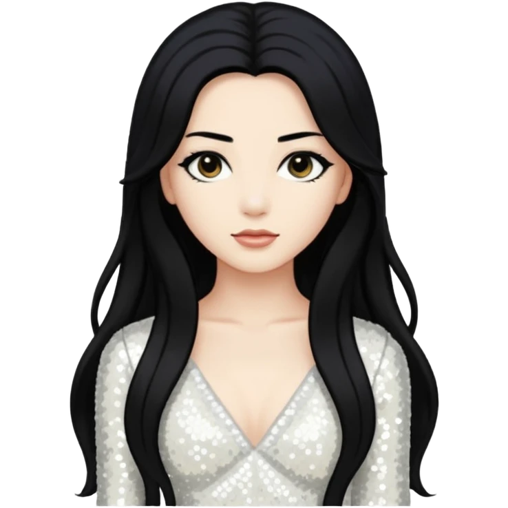 Anck Su Namun from Universal Monsters with long jet black hair, ivory sequin outfit  emoji
