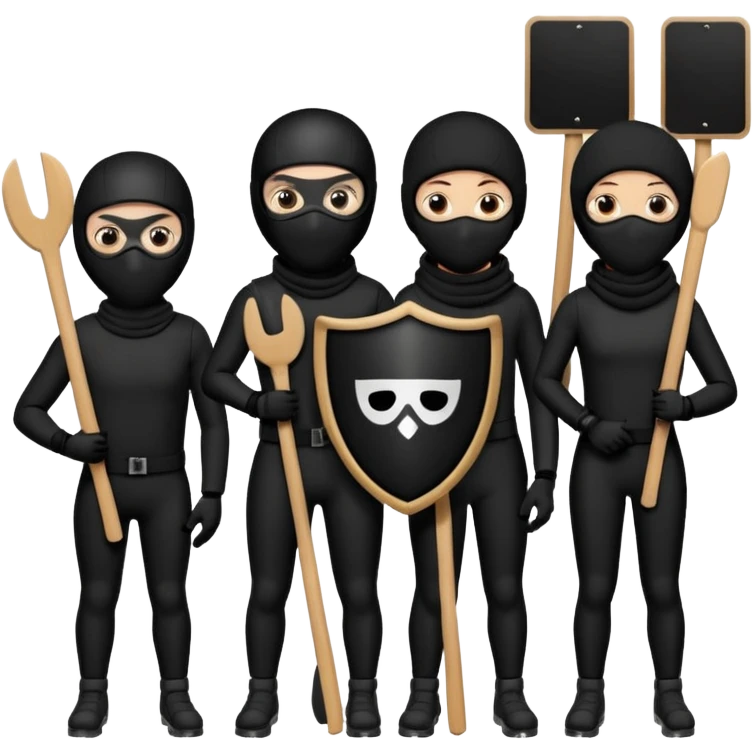 Ski mask people wearing black holding shields and signs emoji