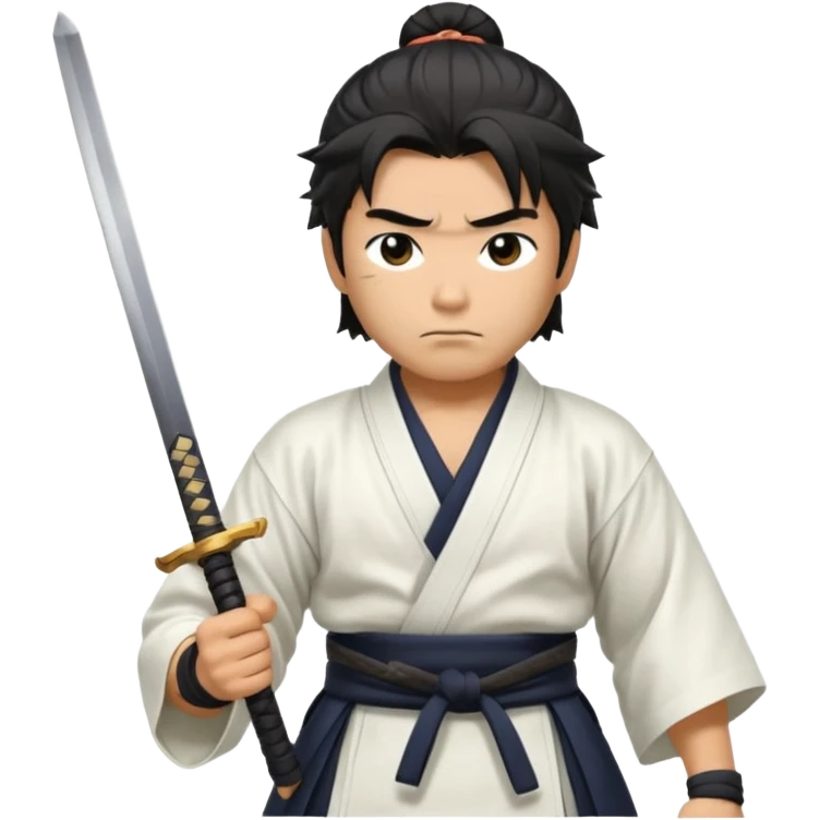 japanese samurai holding samurai sword he is wearing white kimono he has muscles and black messy hair  emoji