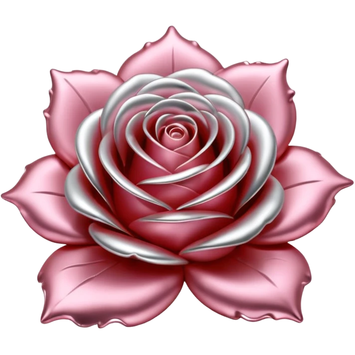 A rose emoji made of liquid silver metal, smooth metallic petals, reflective chrome surface, soft gradients, elegant shape, minimalistic iOS emoji style, centered, clean white background, realistic highlights, no text emoji