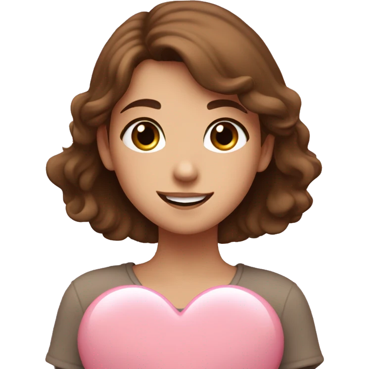 A European girl with brown hair and big brown eyes hugging a light pink heart and smiles a little bit  emoji