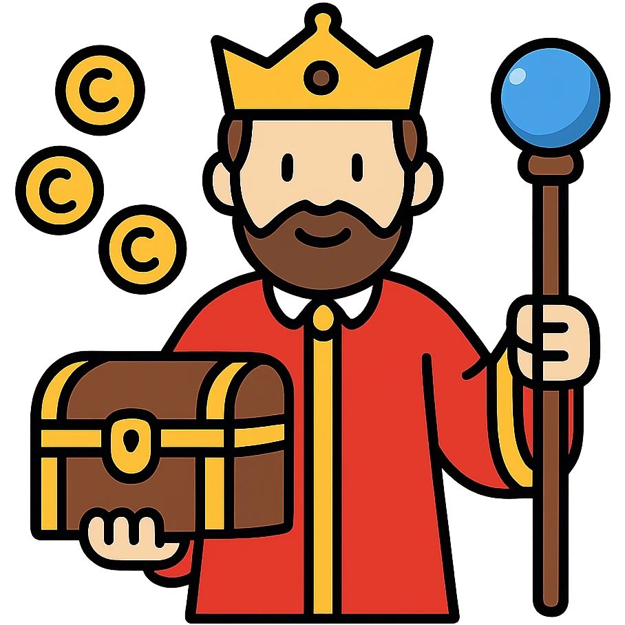 Fantasy guild master CEO in red robes with gold coins and magical staff. RPG style business leader with crown and treasure chest. emoji