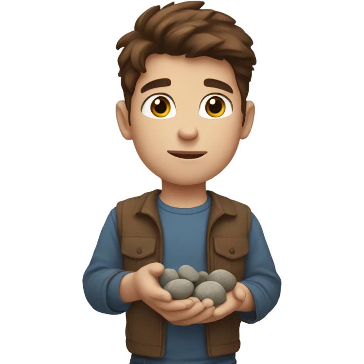 boy with brown hair and blue eyes holding rocks emoji