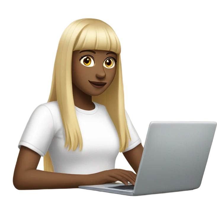 a girl with long dark straight hair and bangs, with fair, blond skin, working with a laptop (she is a marketer). wearing a white oversized t-shirt emoji