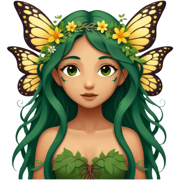 Cinematic Realistic Forest Nymph Fairy Portrait, depicted with lifelike, sun-kissed tanned skin that radiates an earthy glow, softly illuminated by natural, dappled light. Her long, flowing dark green hair is intricately detailed and interwoven with delicate vines and wildflowers, while her deep, soulful eyes mirror the wisdom of the forest. Dressed in an attire inspired by nature’s palette—with subtle botanical motifs—the portrait exudes a soft, enchanted glow that melds realism with woodland magic showing her large butterfly wings. emoji