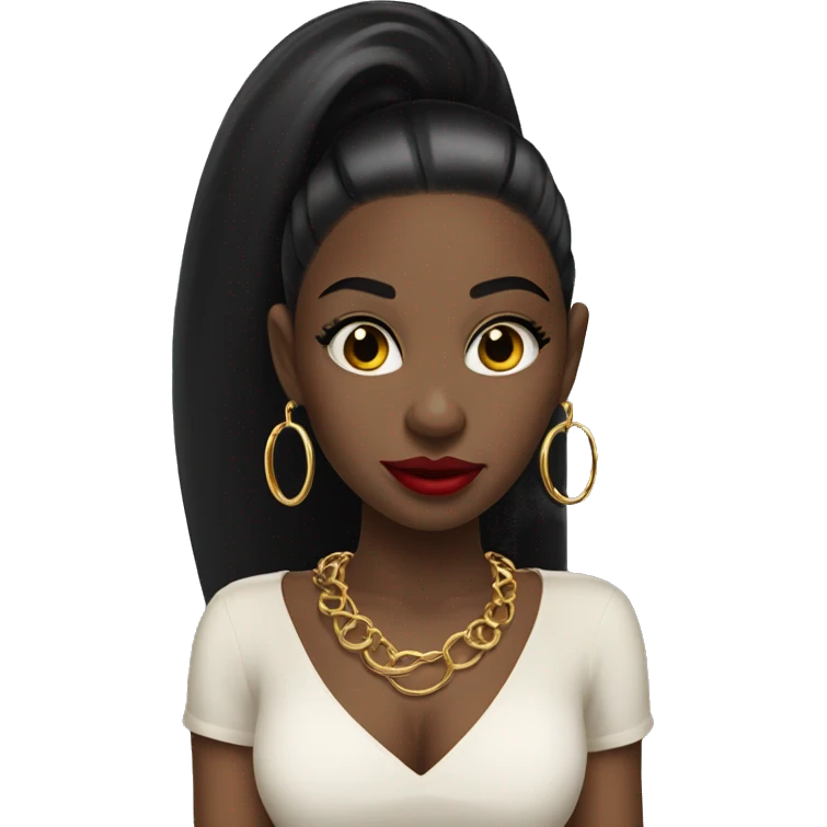 Black girl with long black straight hair and red lipstick with gold hoop earrings and and a gold necklace  emoji