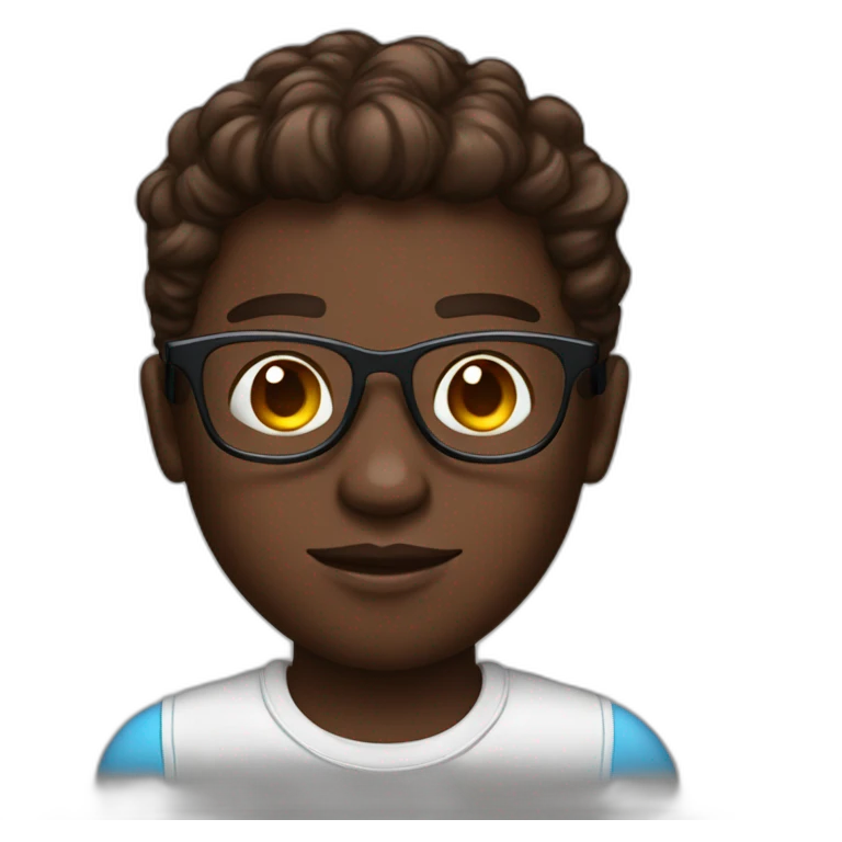 a chocolate skin boy with blue eyes, crypto shirt, glasses and a crown of bitcoin emoji