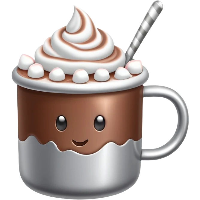 hot chocolate in a silver colored mug with marshmallows  emoji