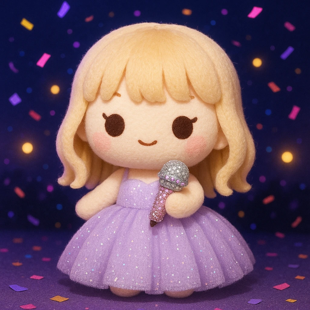 Pretty and girly Blonde pop star with bangs wearing a sparkly tulle light purple ballgown, holding a bedazzled microphone, reimagined as a soft kawaii plushie doll, with a nighttime concert backdrop with colorful confetti emoji