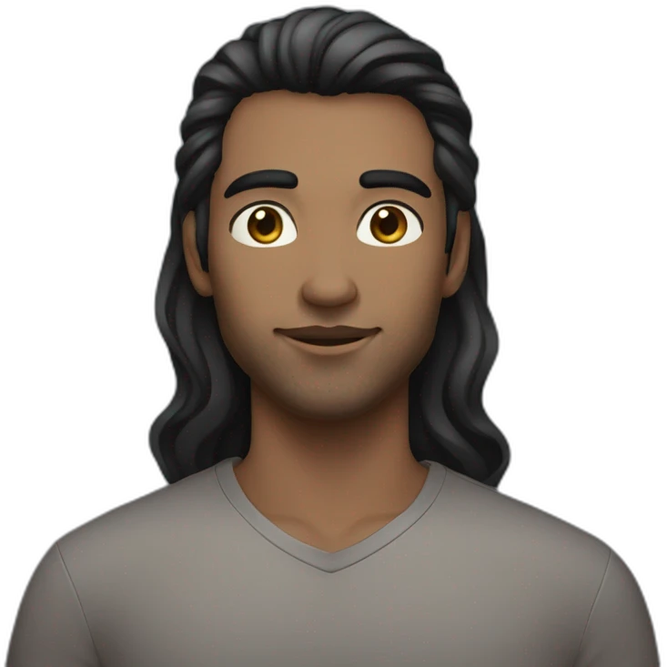 transmasculine person with stubble, dark long hair half up, and blue eyes emoji