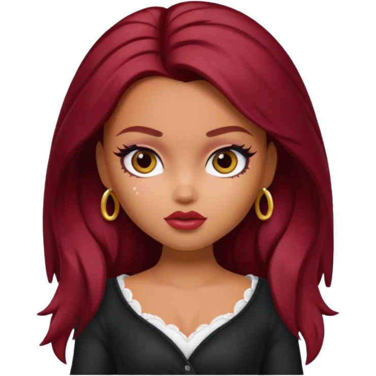 Bratz doll with dark red hair and a beauty mark emoji