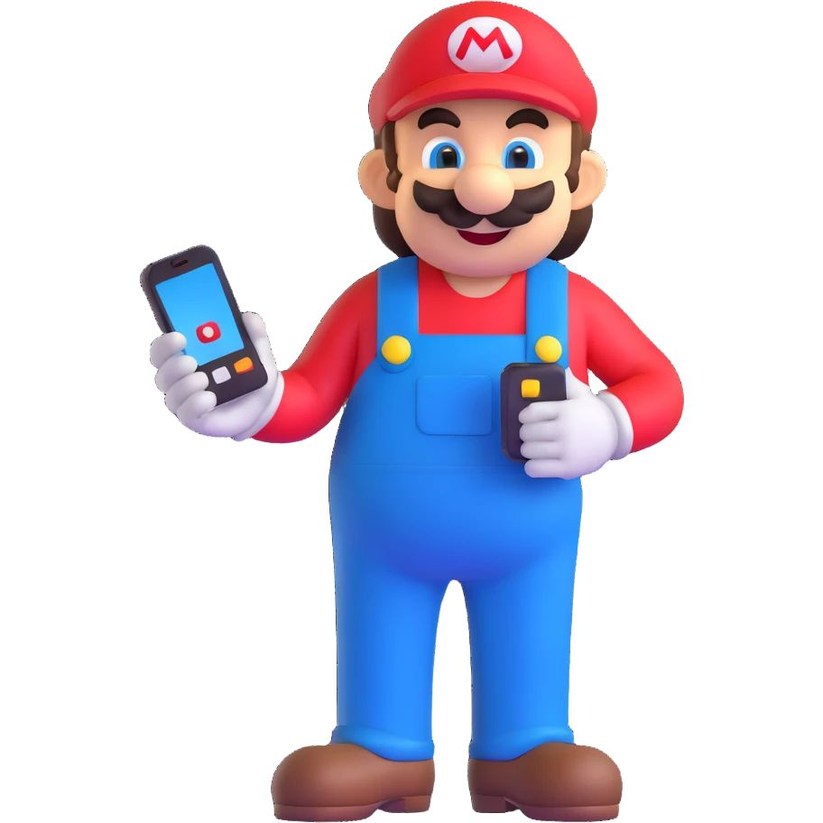 Mario character using a cell phone emoji