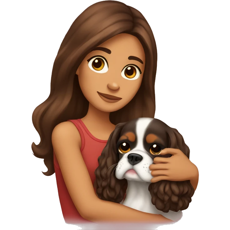 a cute brunette girl holding and hugging a cavalier king charles spaniel  emoji
