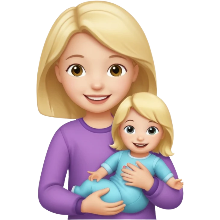 Toddler girl – holding a doll with a smile. emoji