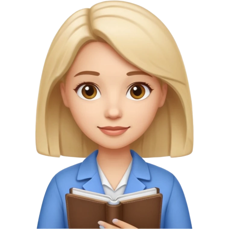 Cute female psychologist character, friendly and professional, holding a notebook, therapy office background, cartoon style, white background emoji