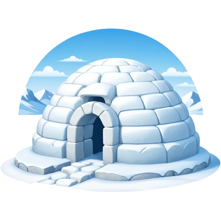 A traditional snow igloo on a vast snowy plain under a clear blue sky. Soft sunlight casts gentle shadows across the snow. The igloo has a small entrance tunnel and compacted snow blocks forming its dome. Realistic Arctic environment, calm winter feeling. Negative: Background transparent. emoji