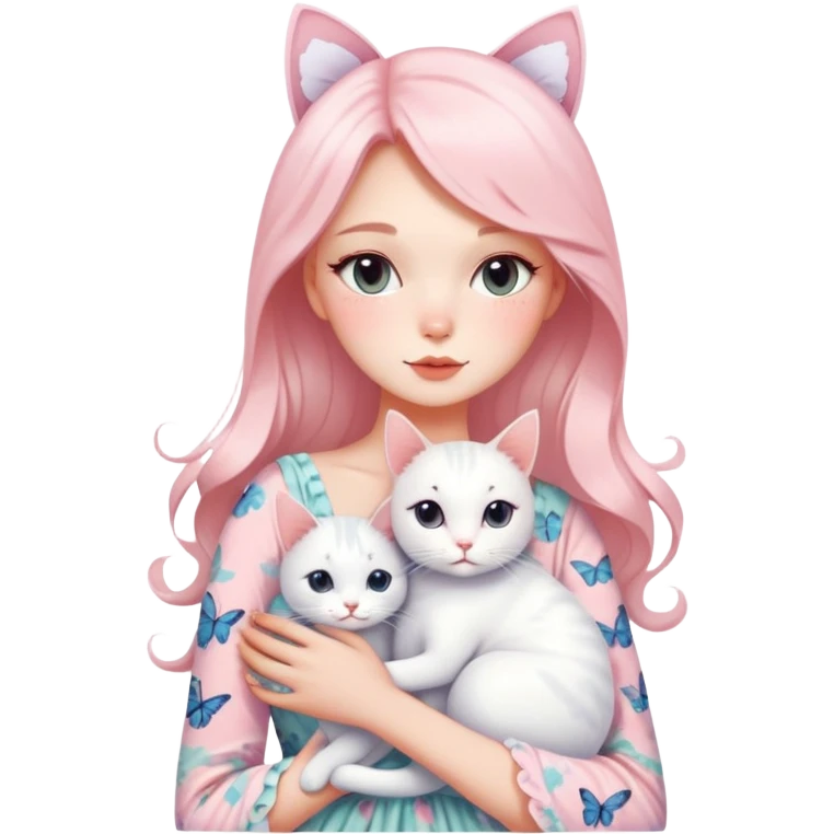 Gorgeous- pastel- lady -with -blushing -butterfly -pattern- hugging- a- white- cat-aesthetic- trendy -style emoji