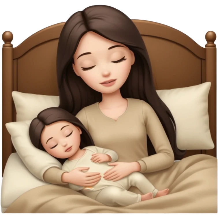 White Barbie girl dark brown long straight hair in beige clothes sleeping with white baby at cream bed emoji