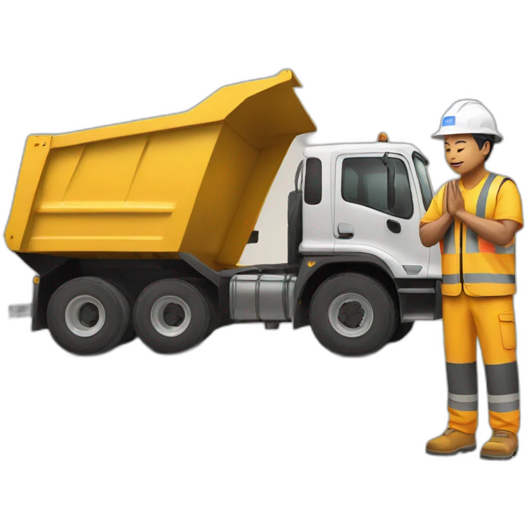 asian construction worker with hands in prayer standing in front of a DUMP TRUCK emoji