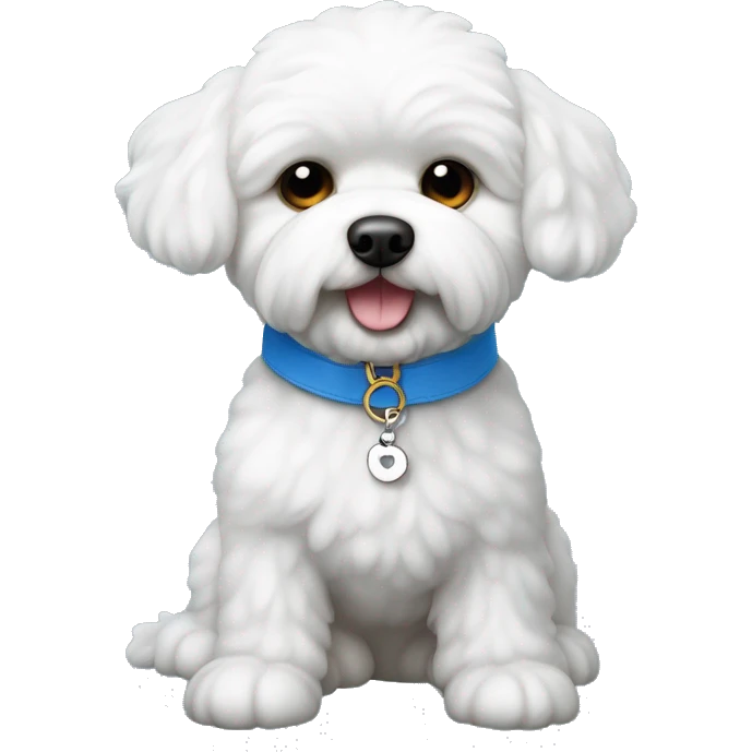 Perro bichon maltes con collar azul, con plaquita en forma de hueso, que dice Firto emoji