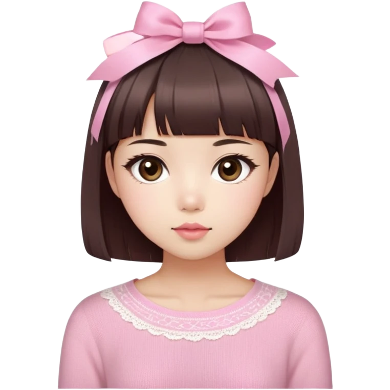 Cute East Asian girl, soft fair skin with blush on cheeks, big brown eyes with long lashes, natural pink lips, inward brown bob with straight bangs. Wearing a stylish pink knit top with ribbon details and subtle lace trim, holding a  Abyssinian emoji