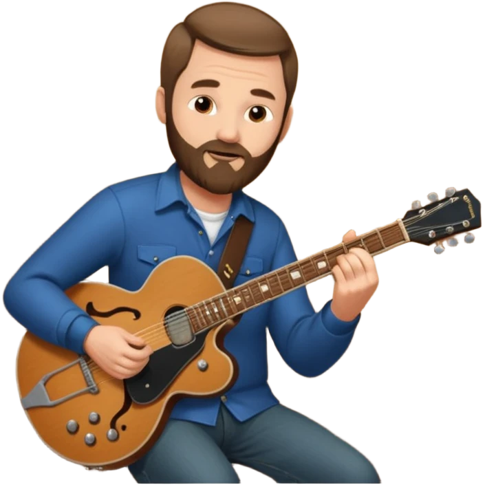 a short hair, with long side beards, middle age metal head with a classic epiphone guitar emoji